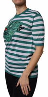 White Green Stripe Leaf Crew Neck T-shirt 2