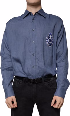 Blue Logo Long Sleeve Button Down Casual Shirt