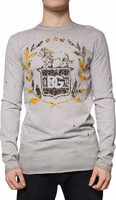 Gray Printed Cotton Crewneck Pullover Sweater 1