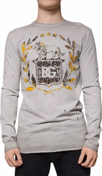 Gray Printed Cotton Crewneck Pullover Sweater