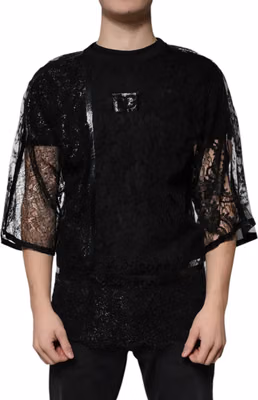 Black Nylon Floral Lace Crew Neck T-shirt