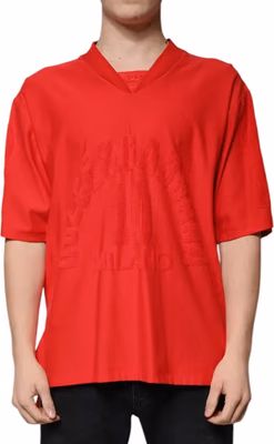Red Cotton V-neck Short Sleeves T-shirt