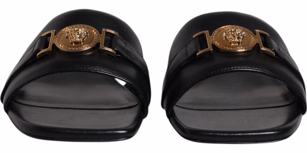 Black Leather Logo Plaque Slip On Slides Flats Shoes