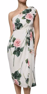 White Floral Silk One Shoulder Midi Dress