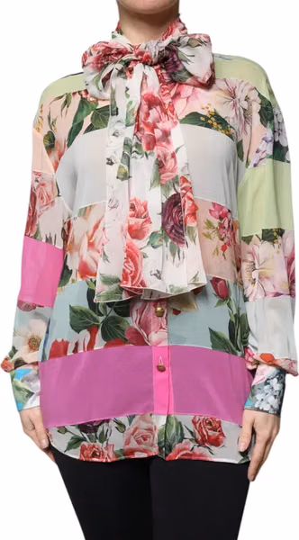 Multicolor Floral Patchwork Ascot Collar Top