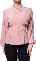 Pink Cotton Long Sleeves Collared Blouse Top 1