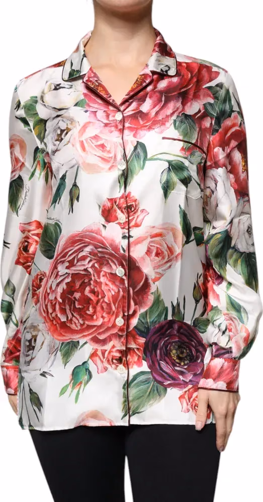 White Peony Silk Long Sleeves Collared Blouse Top