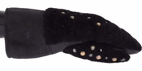 Black Leather Shearling Studded Gloves
