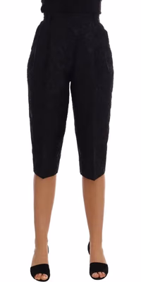 Black Brocade High Waist Capri Shorts