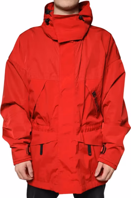 Red Nylon Hooded Men Full Zip Parka Jacket