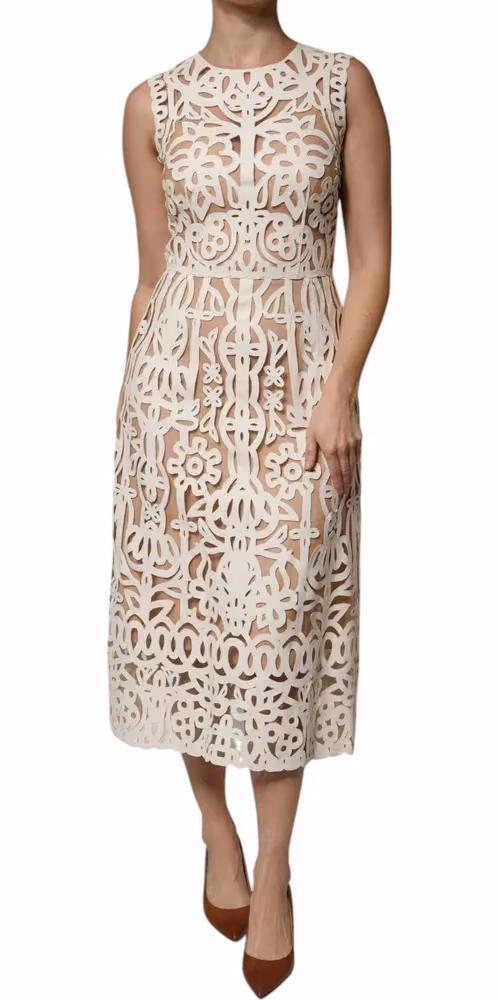 White Cut Out Leather Sleeveless Midi Dress