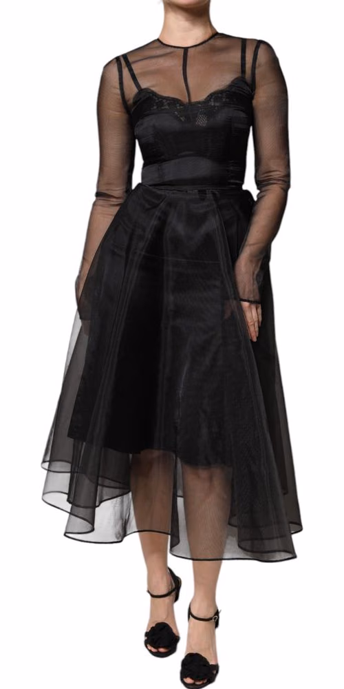 Black Tulle A-line Midi Cocktail Gown Dress
