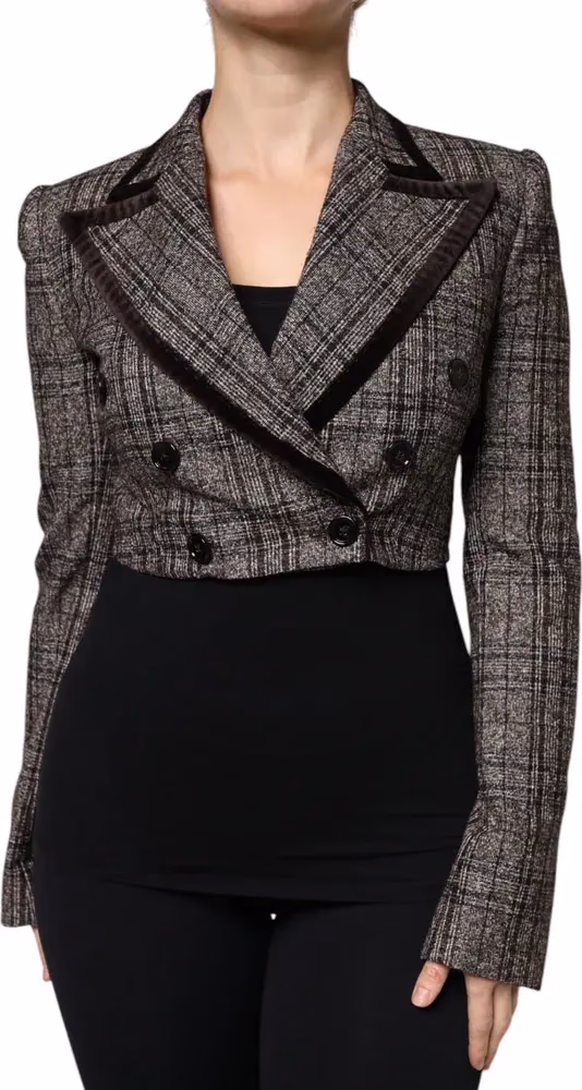 Brown Plaid Long Sleeve Cropped Coat Jacket
