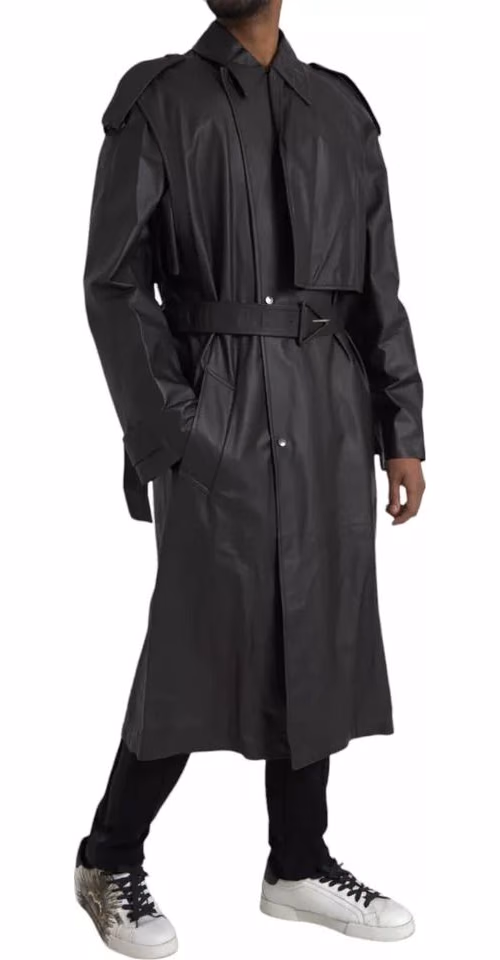 Black Leather Men Waterproof Trenchcoat Jacket
