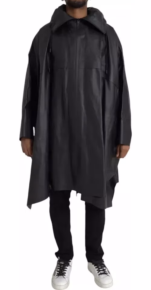 Black Leather Hooded Men Trenchcoat Jacket