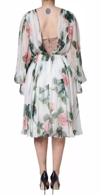 White Silk Floral Print A-line Midi Dress