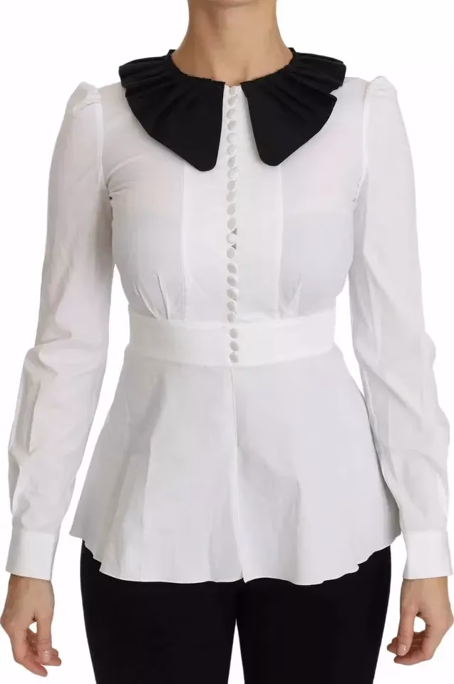 Black White Decorative Buttons Tops Shirt Blouse
