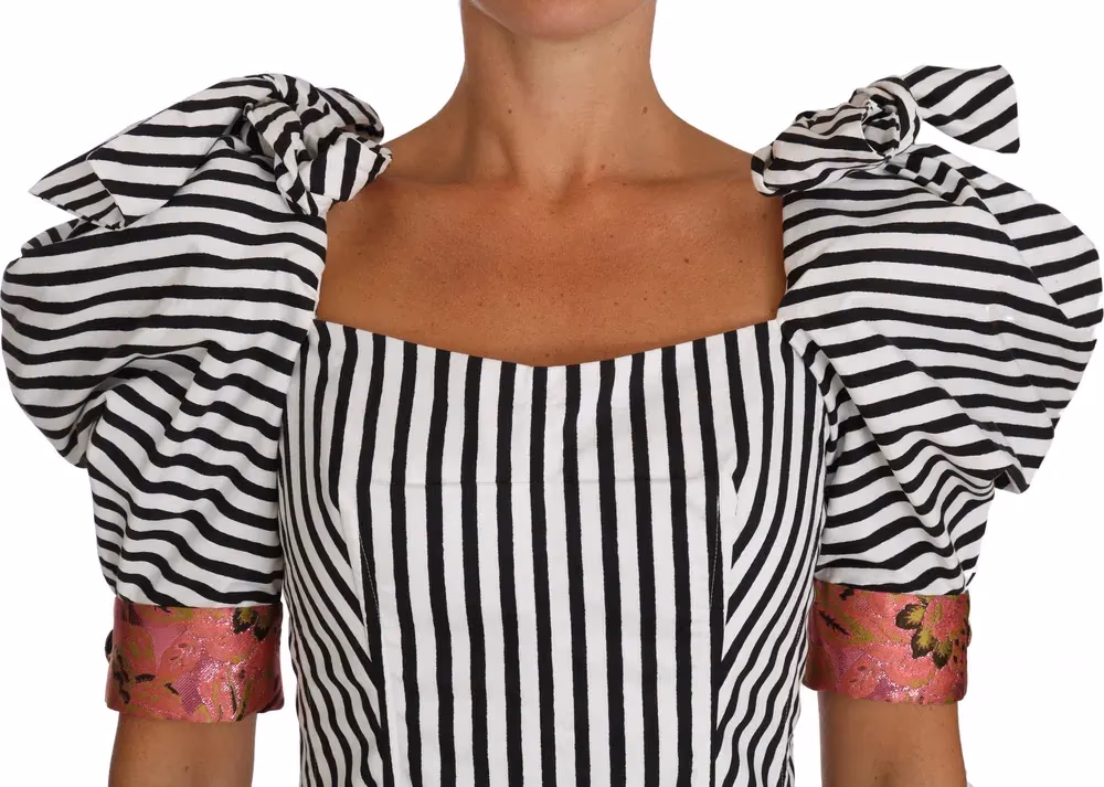 White Black Striped Cropped Top Puff Sleeve Shirts