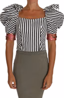 White Black Striped Cropped Top Puff Sleeve Shirts 2