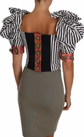 White Black Striped Cropped Top Puff Sleeve Shirts 4
