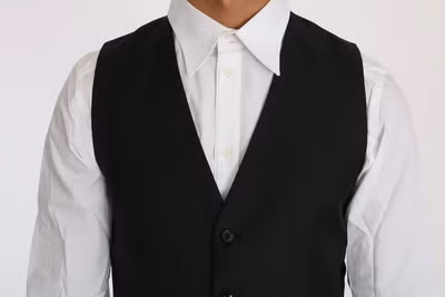Black Solid Wool Silk Waistcoat Vest