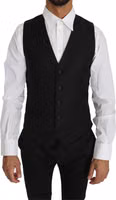 Black Solid Wool Silk Waistcoat Vest 2