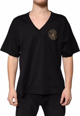 Black Cotton Logo Vneck Short Sleeve T-shirt