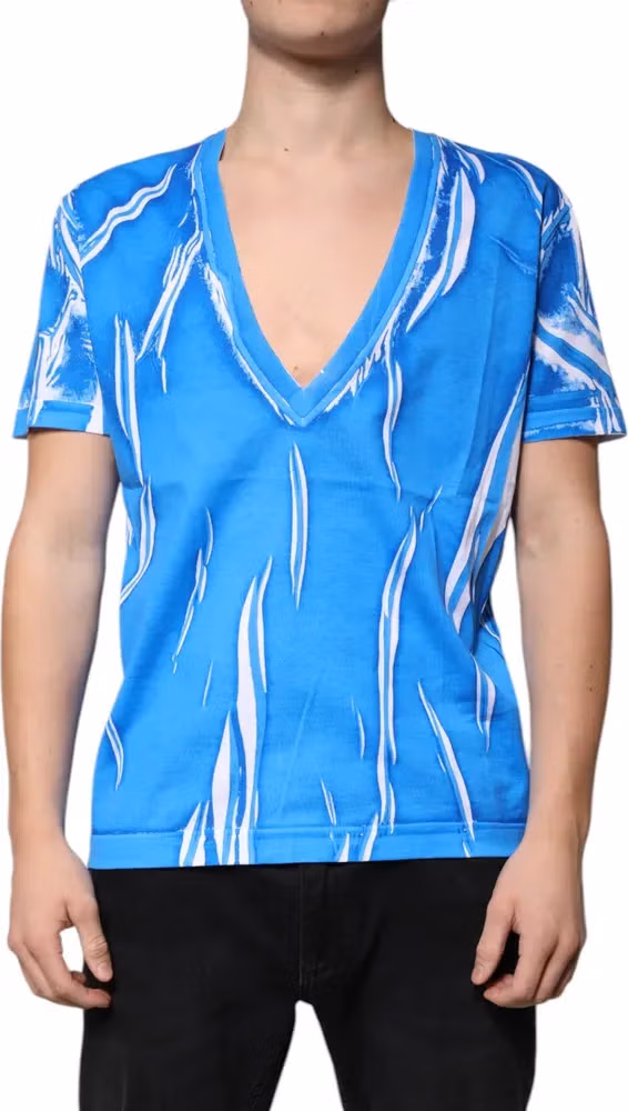 Blue Cotton V-neck Short Sleeves T-shirt