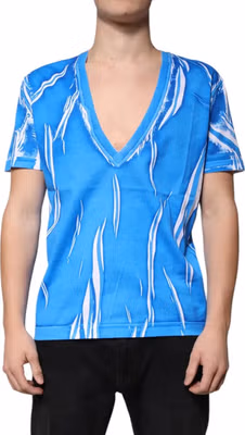 Blue Cotton V-neck Short Sleeves T-shirt