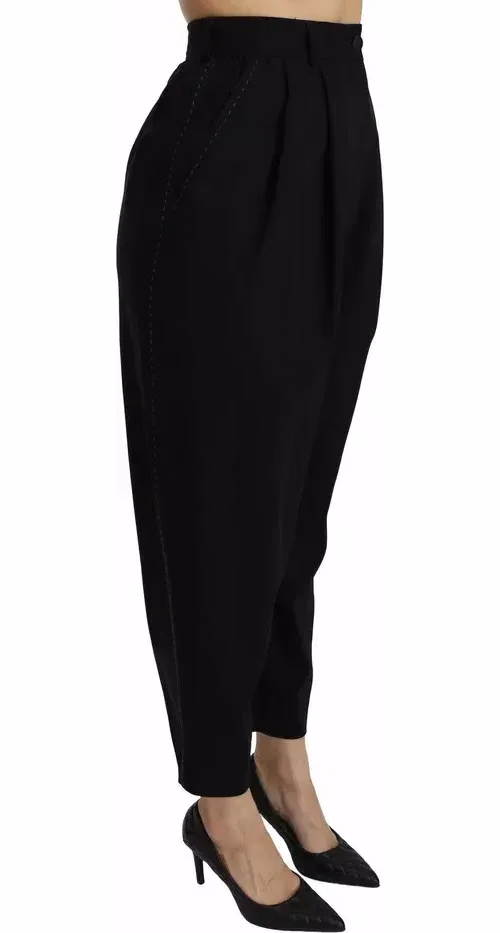Black Wool High Waist Pleat Front Cropped Pants