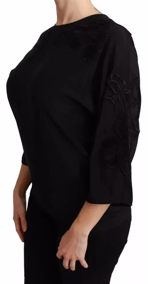 Black Floral Embroidered Blouse Silk Top