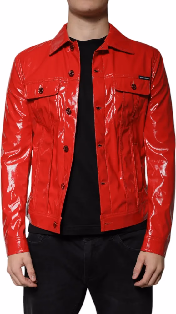 Red Polyester Button Down Collared Jacket