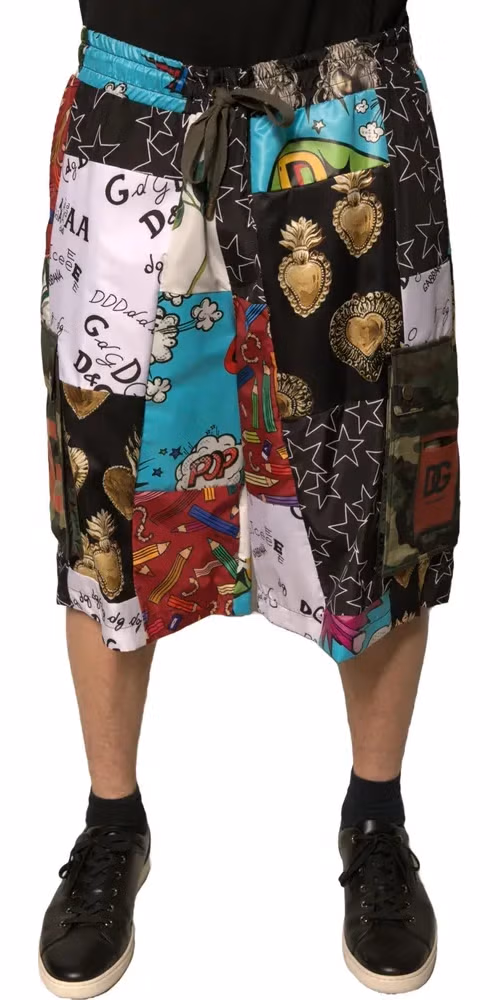 Multicolor Patchwork Cargo Bermuda Shorts