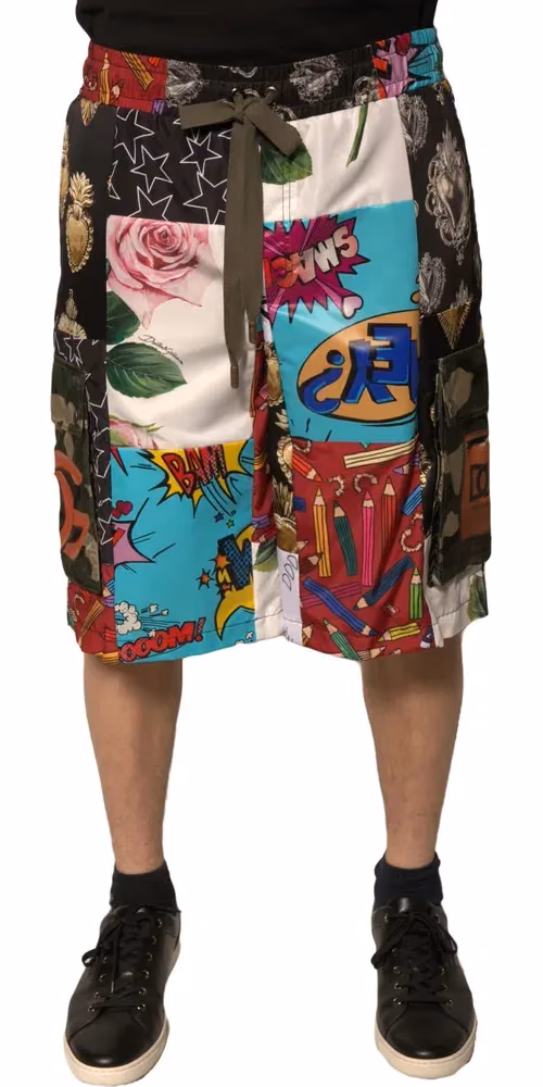 Multicolor Patchwork Cargo Bermuda Shorts