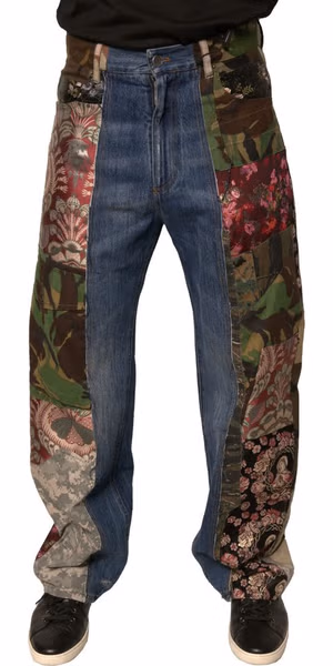 Blue Patchwork Cotton Straight Denim Jeans