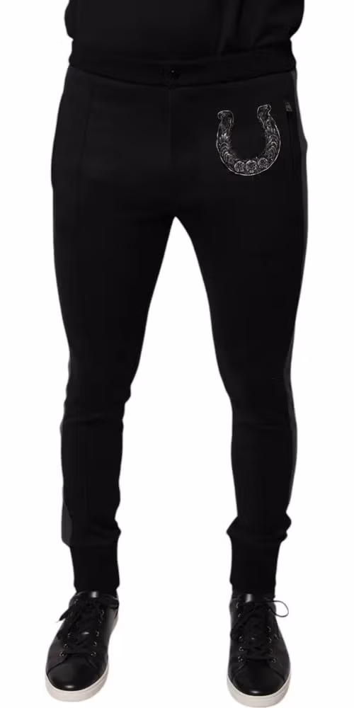 Black Horseshoe Embellished Wool Slim Fit Pants