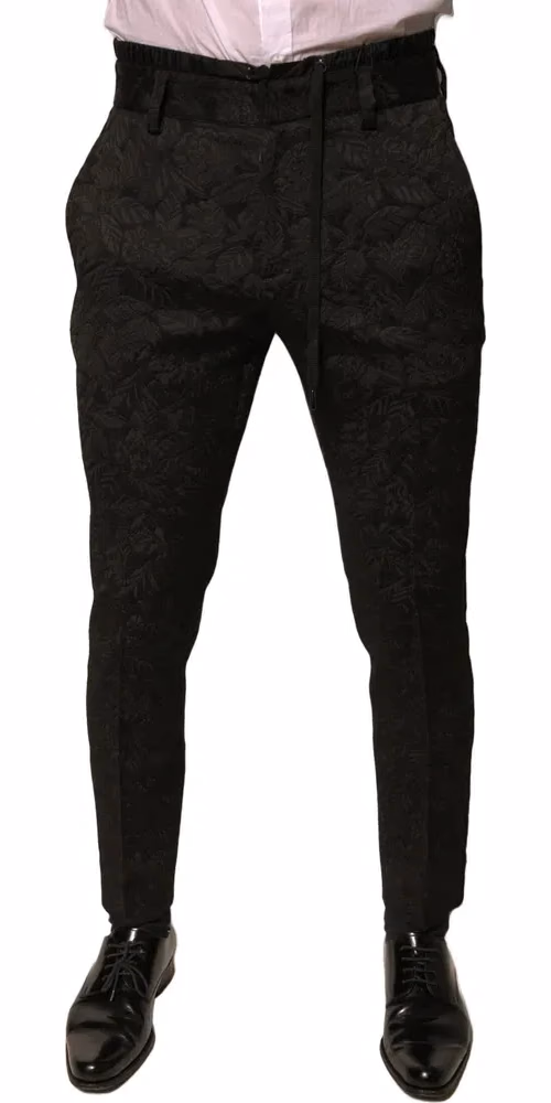 Black Brocade Polyester Skinny Men Dress Pants