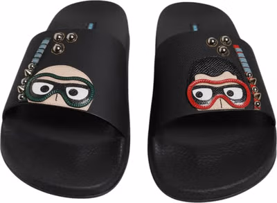 Black Divers Leather Flats Slides Sandals Beachwear Shoes