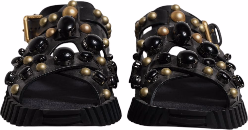 Black Leather Studded Slides Sandals Shoes