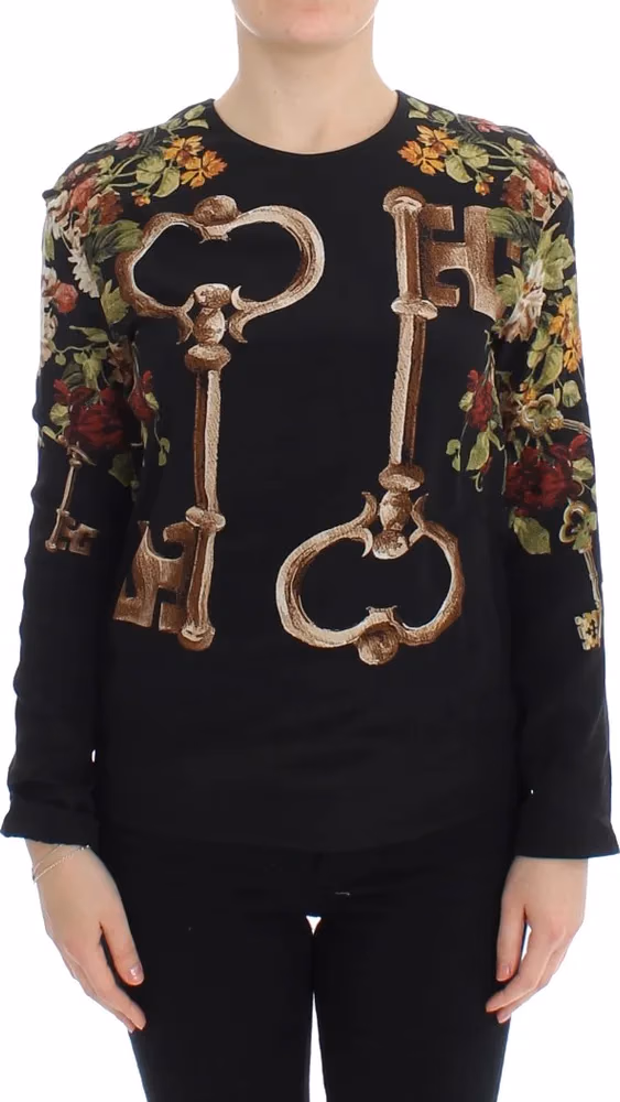 Black Key Floral Print Silk Blouse Top
