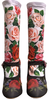 Black Floral Socks Crystal Boots Jersey Shoes