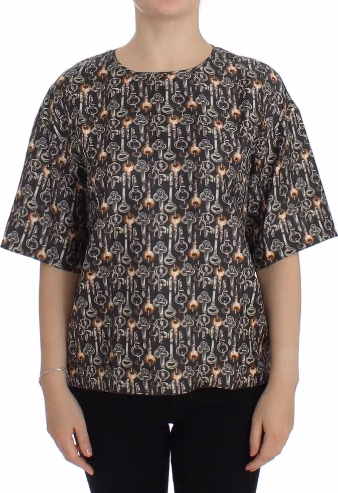 Gray Gold Key Print Silk Blouse T-shirt