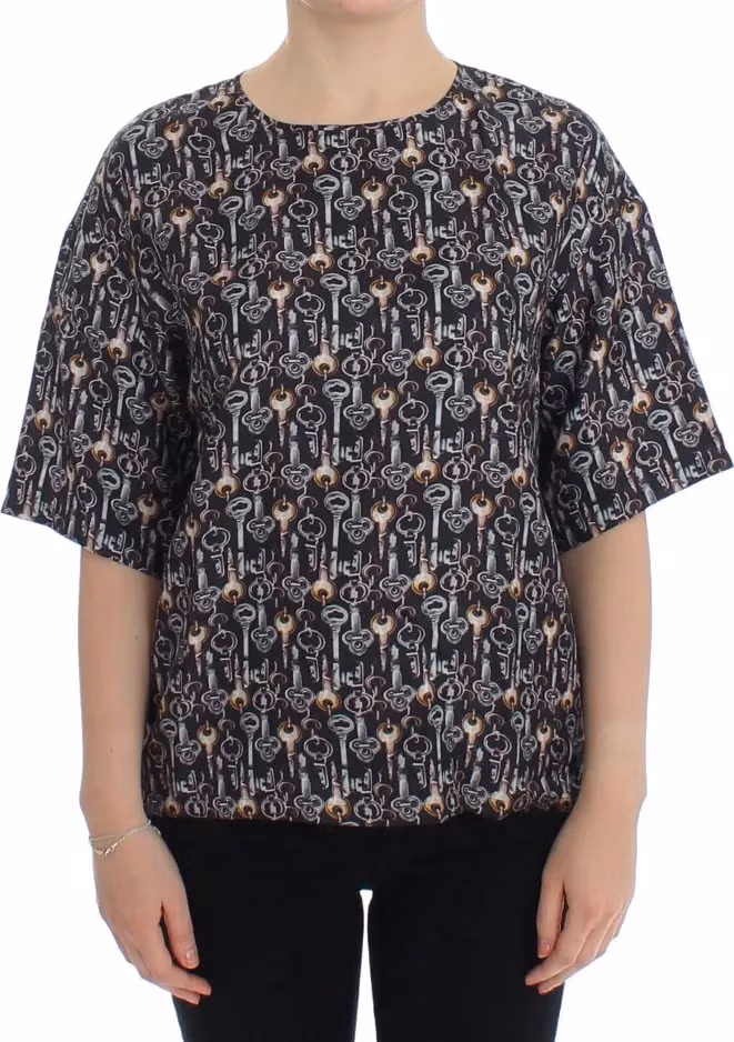 Gray Gold Key Print Silk Blouse T-shirt