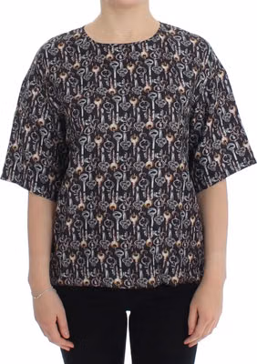 Gray Gold Key Print Silk Blouse T-shirt