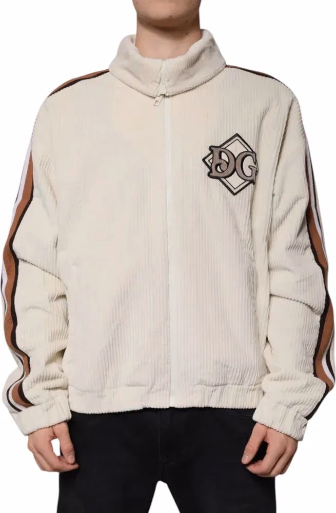 Beige Logo Applique Cotton Corduroy Full Zip Jacket