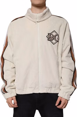 Beige Logo Applique Cotton Corduroy Full Zip Jacket