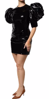 Black Patent Leather Puff Sleeves Mini Dress 2