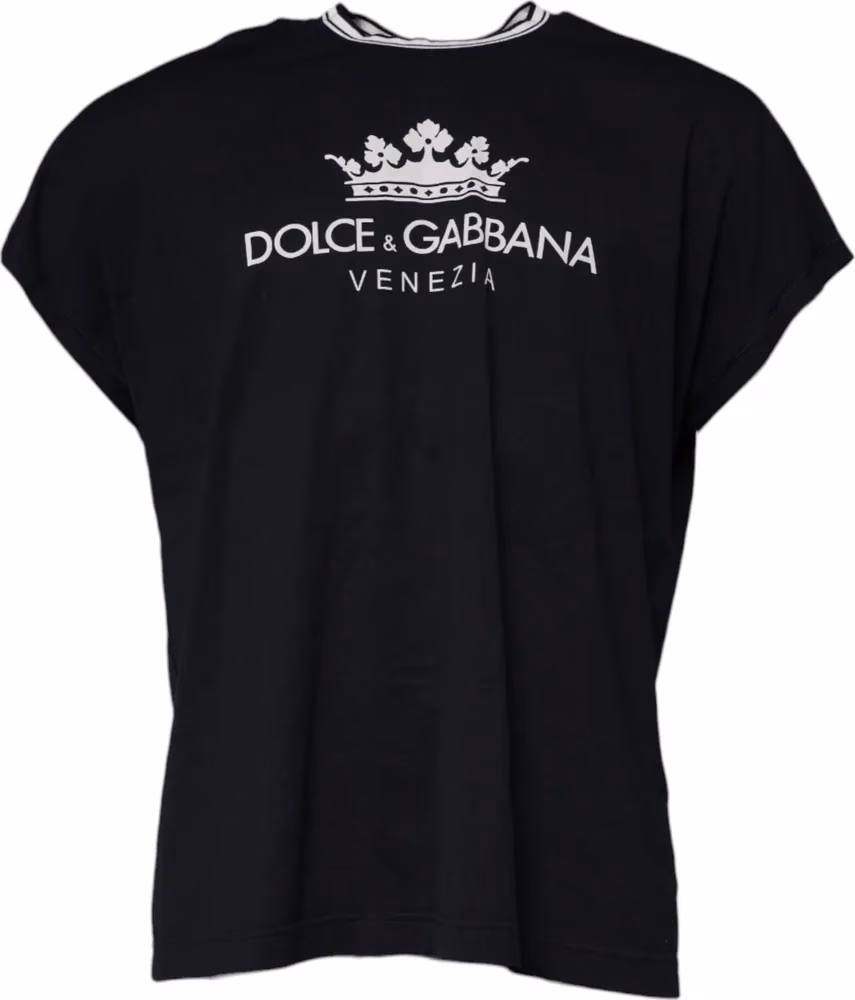 Dark Blue Logo Crown Cotton Crew Neck T-shirt