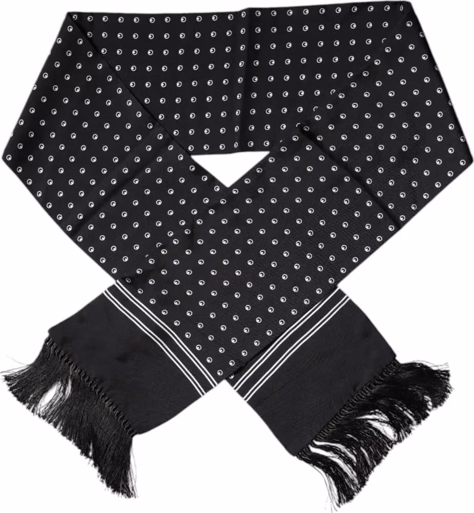 Black White Polka Dotted Silk Skinny Fringes Scarf