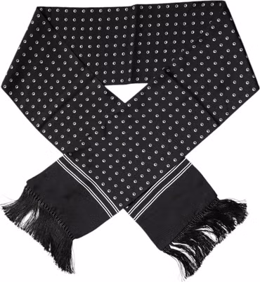 Black White Polka Dotted Silk Skinny Fringes Scarf